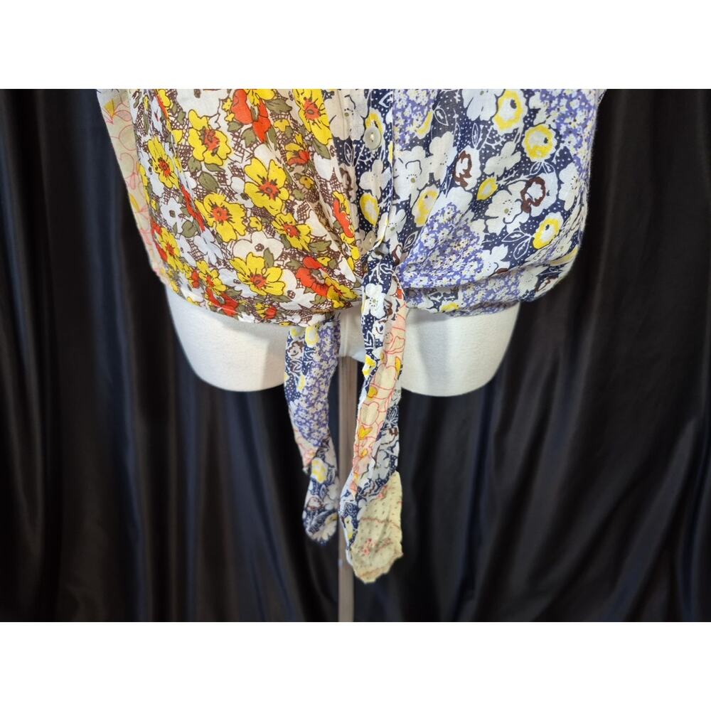 Natural Life Lola Patchwork Floral Tie Front Blouse Orange Blue Multi Large - Picture 3 of 10